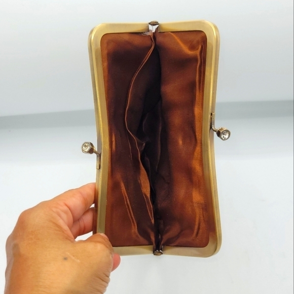 Vintage Burnt Copper Satin Fold-Over Clutch | Rhinestone Flower Details